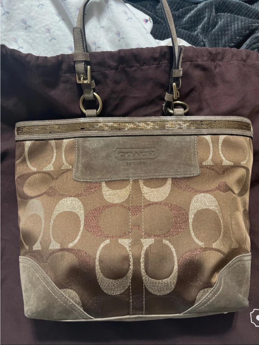 Coach Brown & Tan Signature Jacquard Tote with Suede Trim